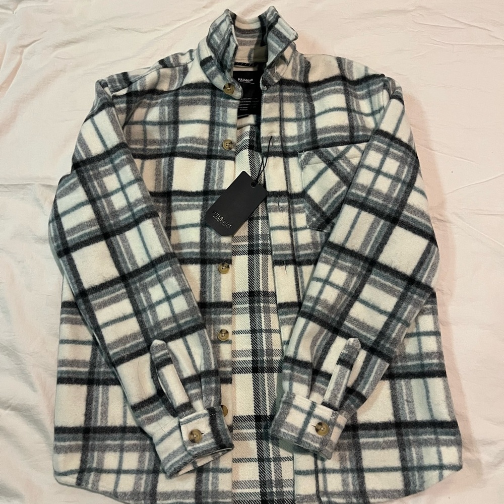 Pull&Bear Checkered Flannel Shirt in Black and Cream